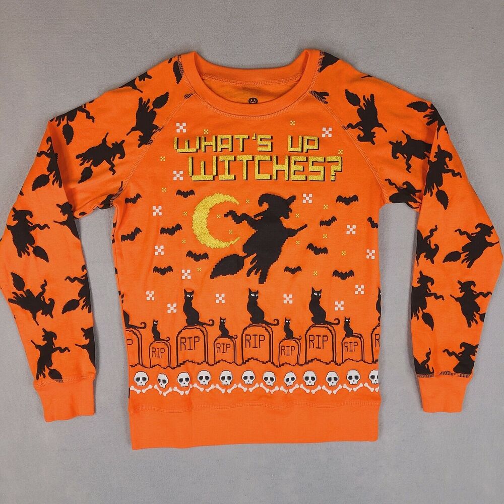Halloween Sweatshirt Junior Women's Orange Medium 7-9 What's Up Witches
